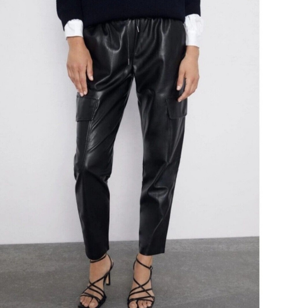 Zara black Faux Leather Cargo Pants Size M
